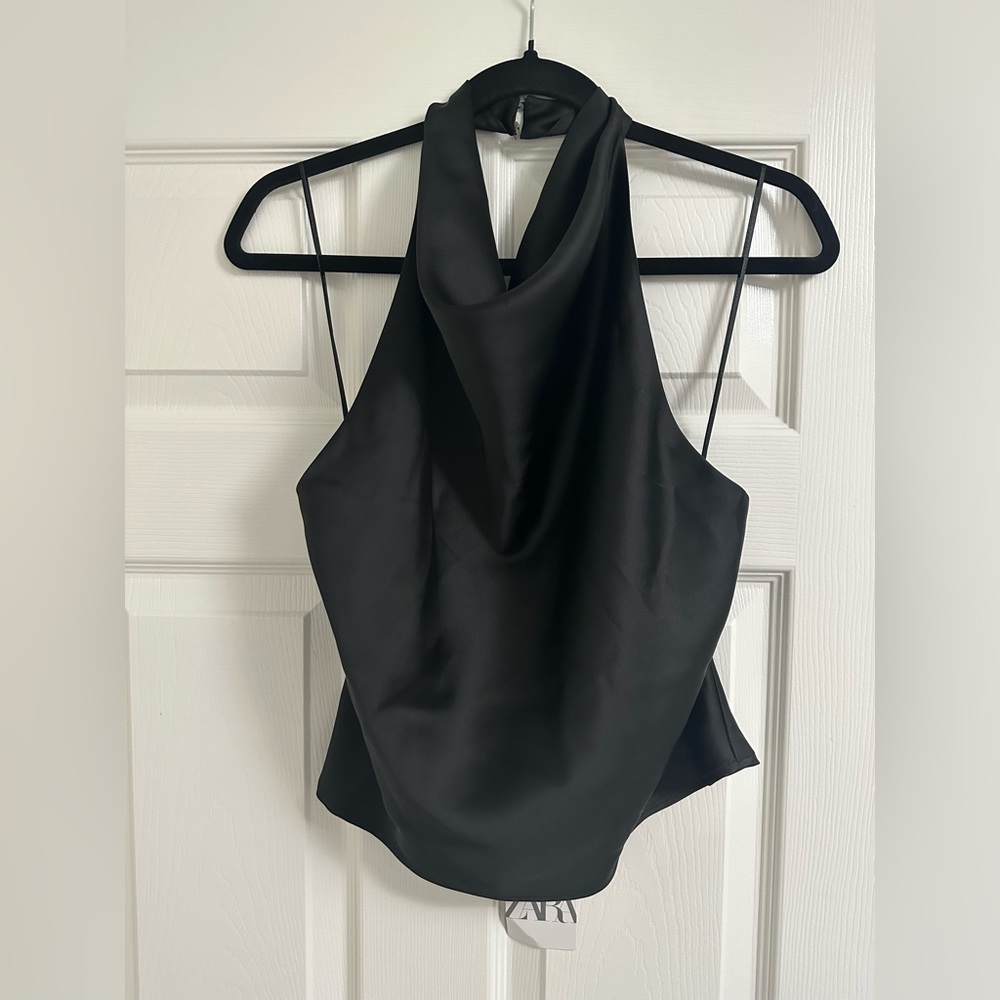 Zara black silk open back top